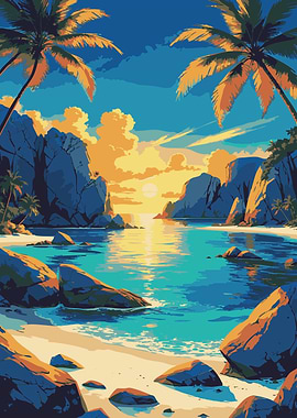 Tropical Beach Sunset Illustration