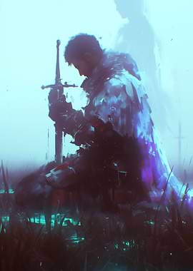 Kneeling Knight with Sword in Field