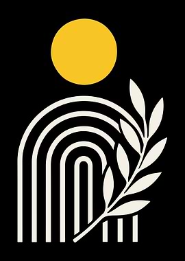 Minimalist Geometric Art with Sun and Branch