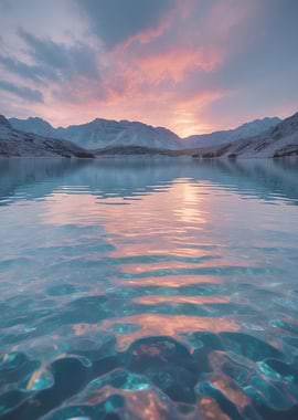 Pastel Mountain Lake at Sunrise — Turquoise Waters and Snowy Peaks