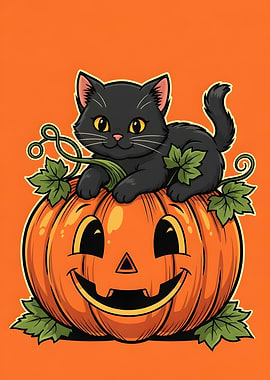Black Cat on Smiling Pumpkin