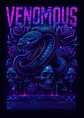 Venomous Snake with Skulls and Roses