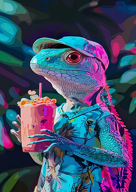 Lizard with Drink in Vibrant Colors