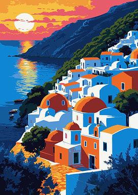 Coastal Village at Sunset Illustration