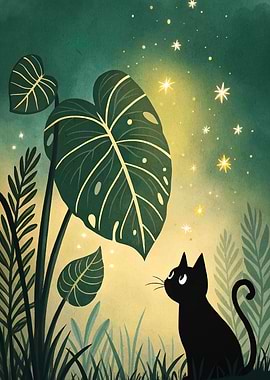 Black cat and stars in garden