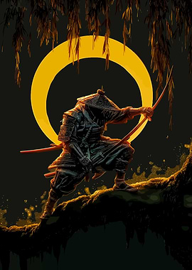 Samurai Warrior with Swords and Moon