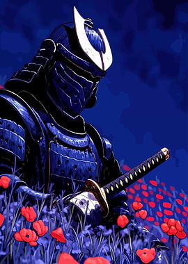 Samurai in Poppy Field Illustration