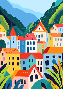 Colorful European Village Abstract Minimalist Art Illustration