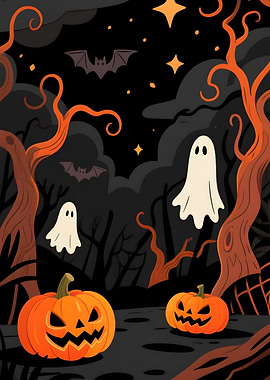 Halloween Night Scene with Pumpkins and Ghosts