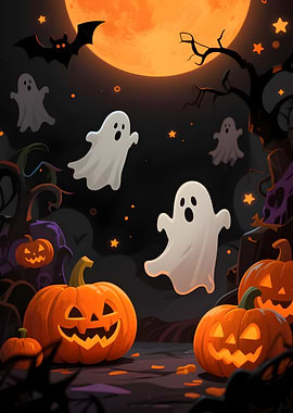 Halloween Night with Pumpkins and Ghosts