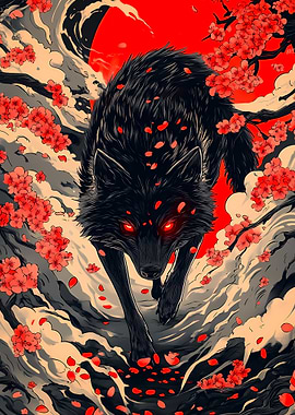 Black Wolf with Red Eyes and Flowers