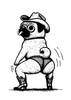 Cartoon Pug Cowboy Twerking Illustration
