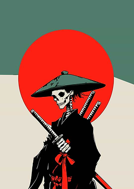Skeleton Samurai with Swords and Hat