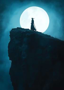 A silhouette of a lone swordsman on a cliff at night