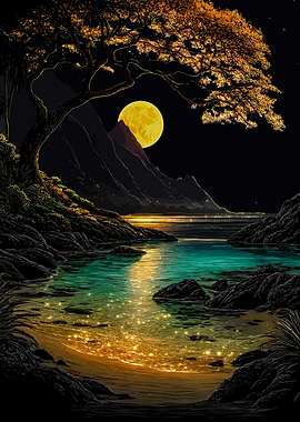 Moonlit Beach Landscape with Golden Tree