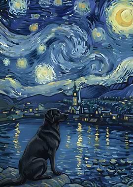 Dog Starry Night Painting