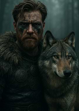 Viking Warrior with Wolf Companion Portrait