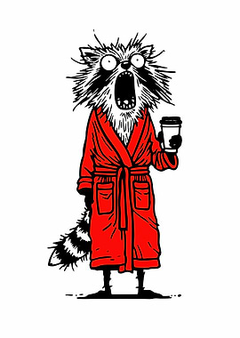 Cartoon Raccoon in Robe with Coffee