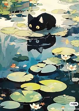 Black Cat on Lily Pads Reflection