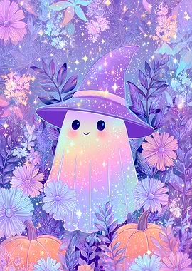 Cute Ghost Witch in Floral Garden