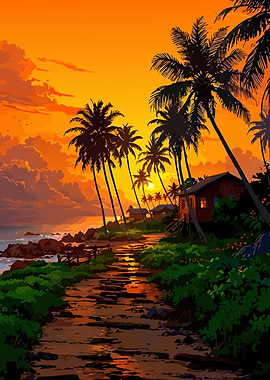 Tropical Sunset Landscape with Palm Trees