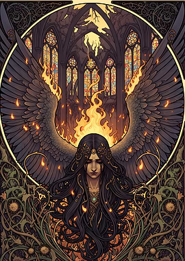 Winged Fallen Angel in Burning Cathedral