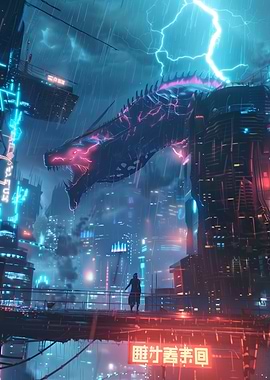 Cyberpunk Cityscape with Dragon and Figure
