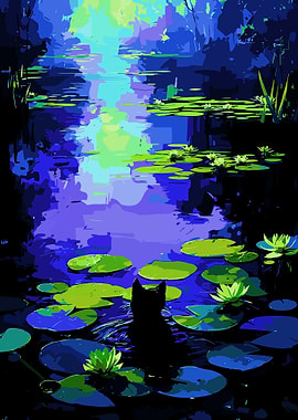 Cat on Lily Pads in Pond