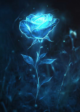 A single glowing rose in shades of blue and silver