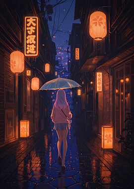 Anime Girl in Rainy Japanese Alley