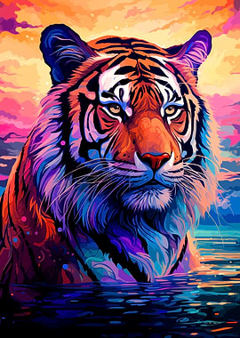 Colorful Tiger in Water Digital Art