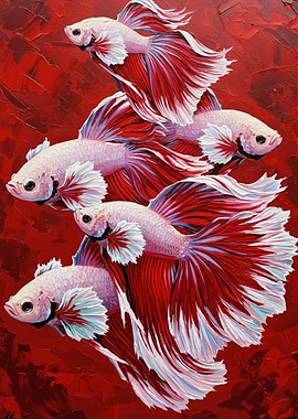 Betta Fish Painting on Red Background