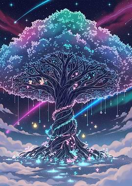Cosmic Neon Tree Merging with Galaxy Sky in Cinematic Fantasy Art