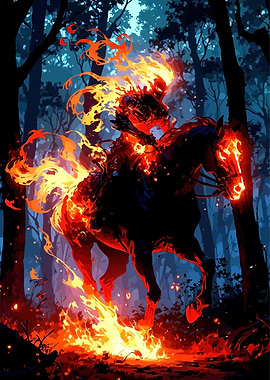 Fiery Horseman in Dark Forest