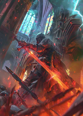 Fiery Knight in Gothic Cathedral Battle