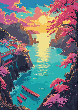 Japanese Coastal Village with Cherry Blossoms