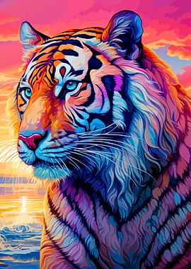 Colorful Tiger Portrait at Sunset