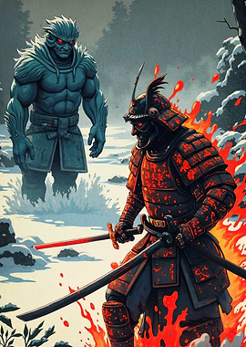 Samurai Warrior Confrontation in Snowy Landscape