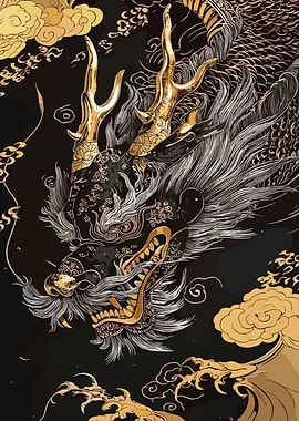Golden Dragon Illustration on Black Background