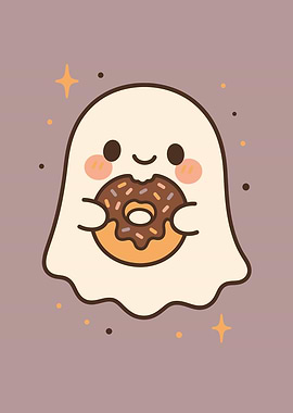Kawaii Ghost with Donut | Cute Dessert Cartoon Wall Art