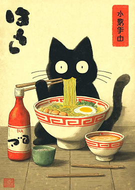 Black Cat Eating Ramen Illustration