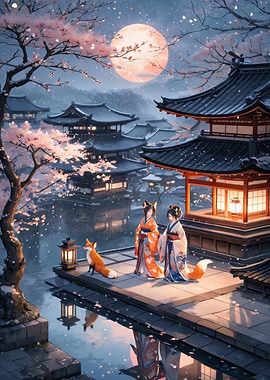 Moonlit Sakura — Kimono Maidens and Fox by a Pagoda