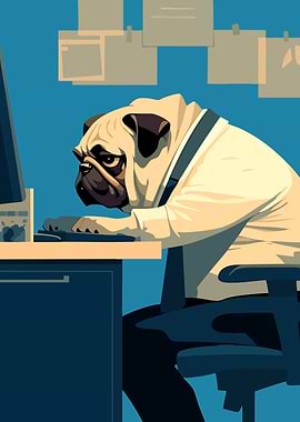 Tired Pug at Work Funny Dog Art Illustration