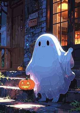 Cute Ghost with Pumpkins on Steps