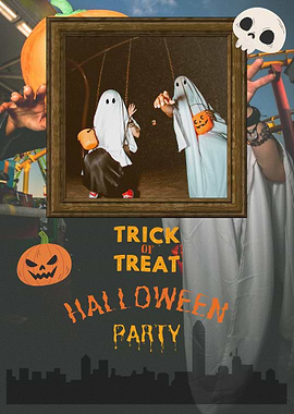 Halloween Party with Ghosts and Pumpkins