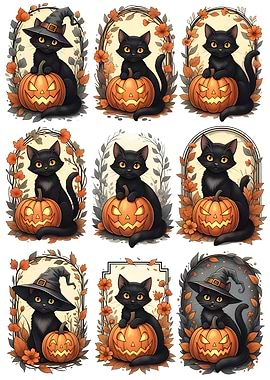 Halloween Black Cats with Pumpkins