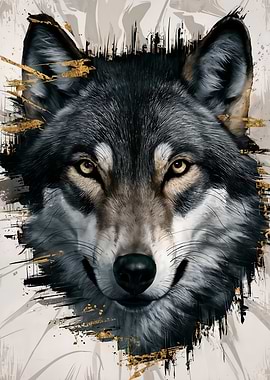 Wolf Portrait with Abstract Gold Accents