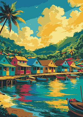 Colorful Tropical Village by the Water