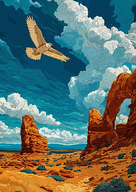Eagle soaring over desert landscape