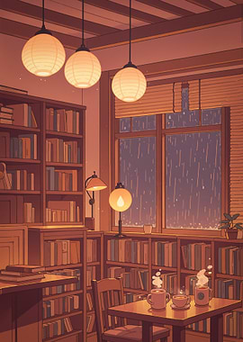 Anime Cozy Rainy Day Library Scene